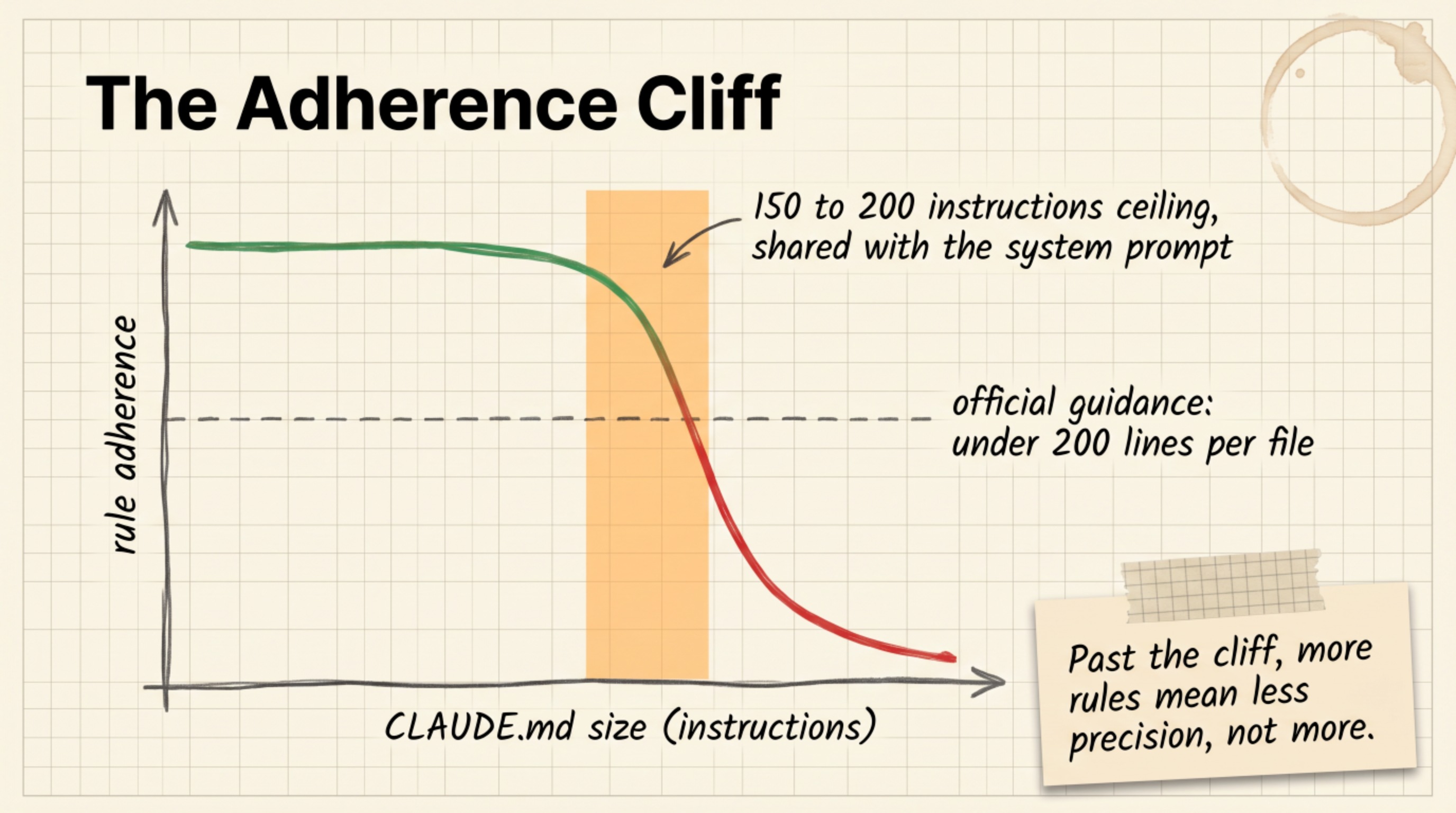 Hand-drawn chart of rule adherence versus CLAUDE.md size: adherence stays high, then drops sharply past the 150 to 200 instruction ceiling shared with the system prompt
