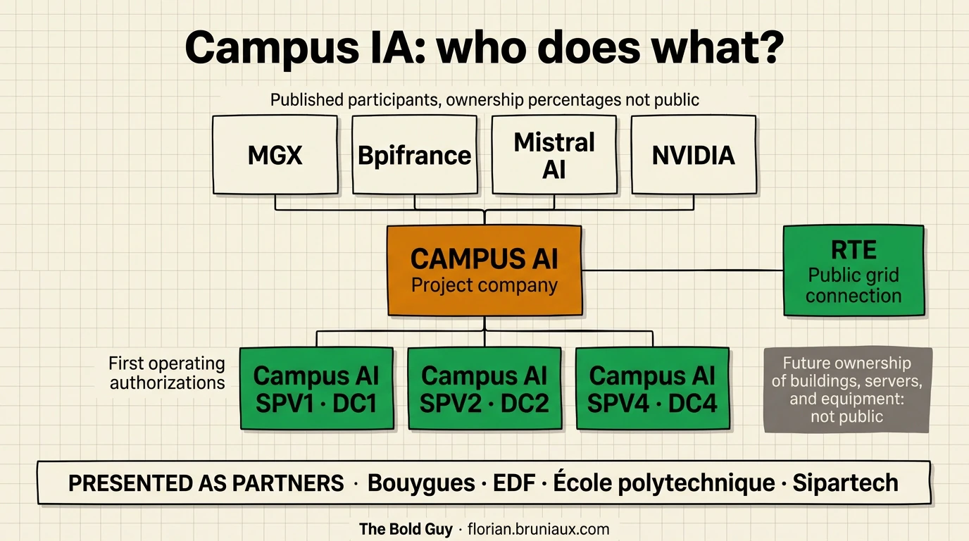 Campus IA organization chart: MGX, Bpifrance, Mistral AI, and NVIDIA are published participants in the Campus AI project company without public ownership percentages; RTE handles the grid connection; Campus AI SPV1, SPV2, and SPV4 operate DC1, DC2, and DC4; four other organizations are presented as partners.