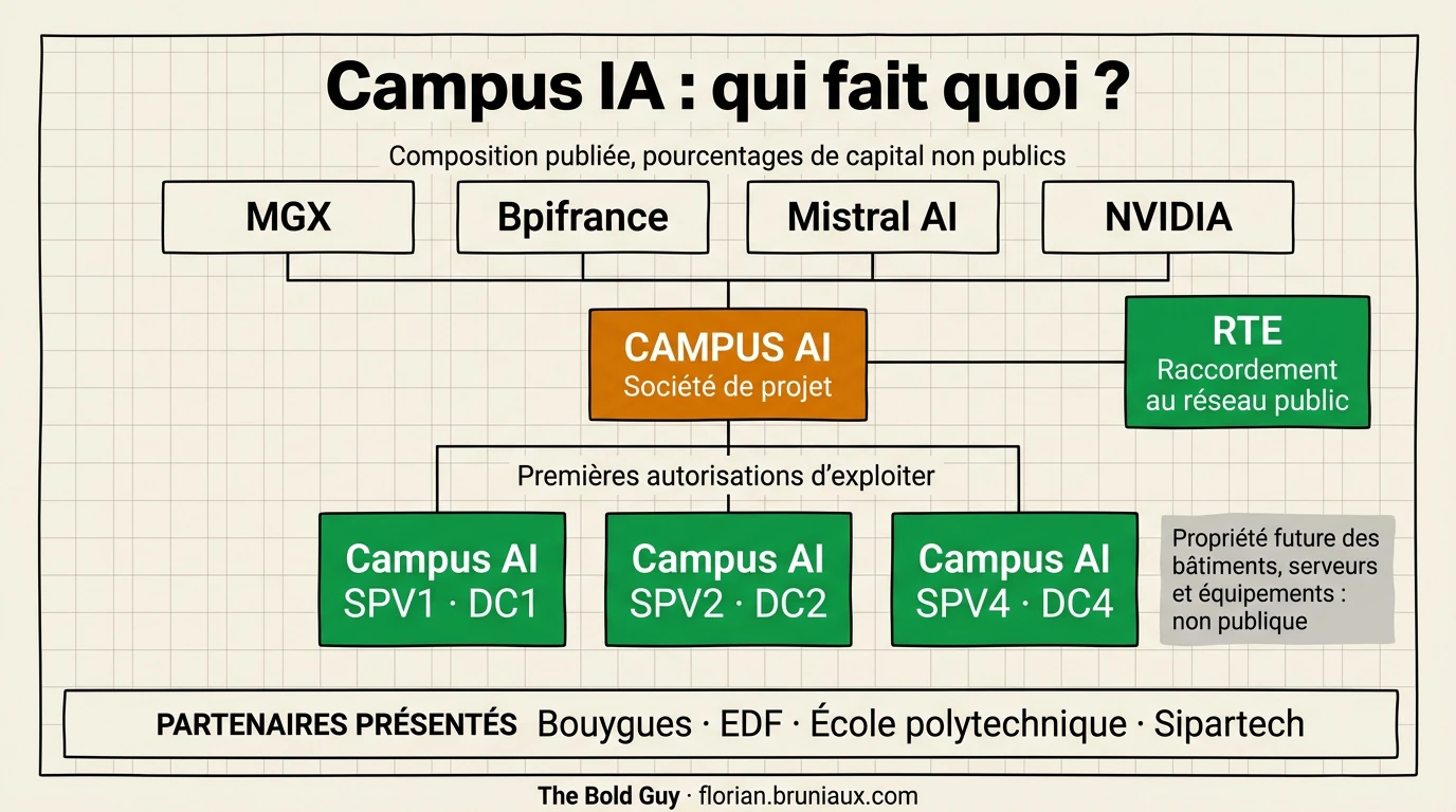 Organigramme du Campus IA : MGX, Bpifrance, Mistral AI et NVIDIA composent la société de projet Campus AI sans pourcentages de capital publics ; RTE assure le raccordement ; Campus AI SPV1, SPV2 et SPV4 exploitent DC1, DC2 et DC4 ; quatre autres organisations sont présentées comme partenaires.
