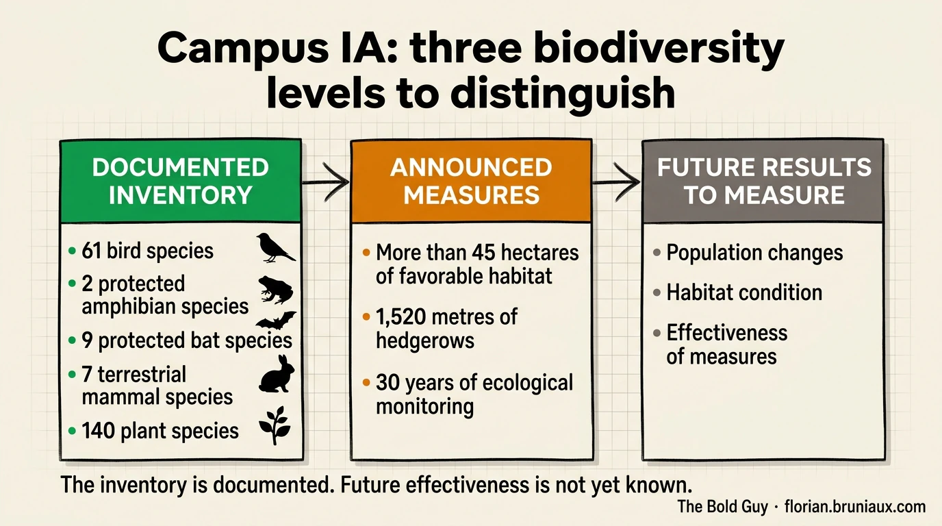 Three-column infographic distinguishing the documented biodiversity inventory, the habitat measures and monitoring announced by the promoter, and future results to measure for populations, habitats, and effectiveness.