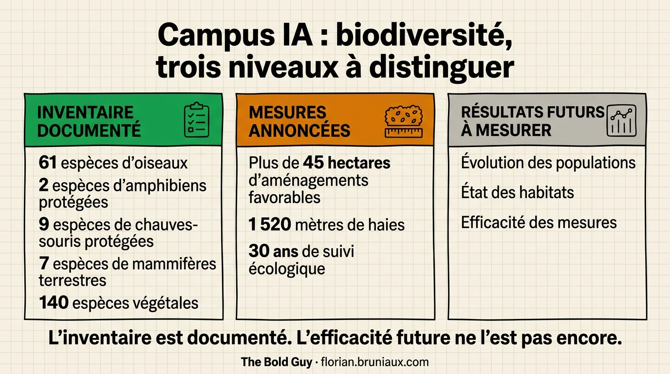 Infographie en trois colonnes distinguant l'inventaire documenté de la biodiversité, les aménagements et suivis annoncés par le promoteur, puis les résultats futurs à mesurer sur les populations, les habitats et l'efficacité des mesures.