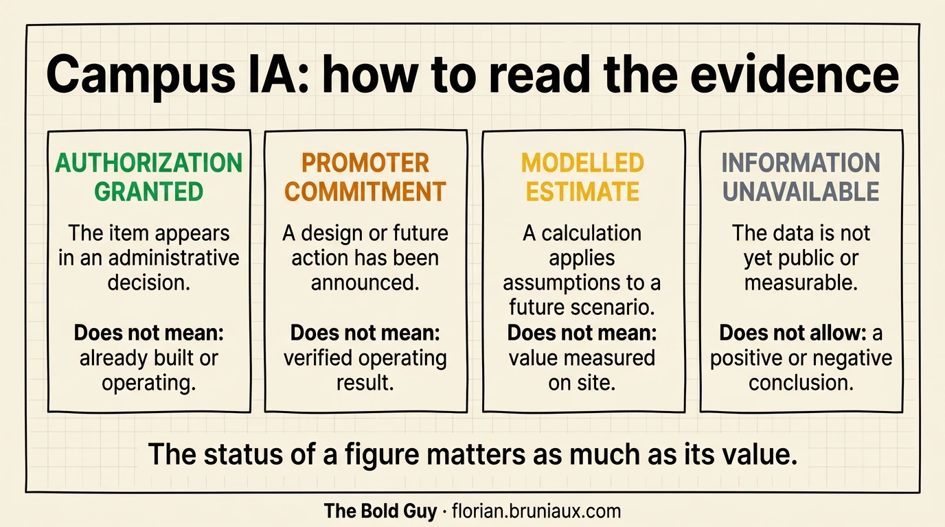 Four-column infographic distinguishing an authorization granted, a developer commitment, a modelled estimate, and unavailable information, including what each status does and does not establish.
