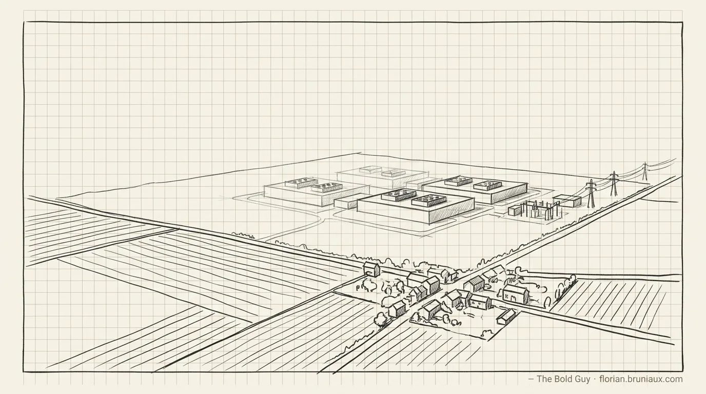 Editorial view of the Campus IA data-center project in Fouju, between farmland, a village, and transmission lines in Seine-et-Marne.
