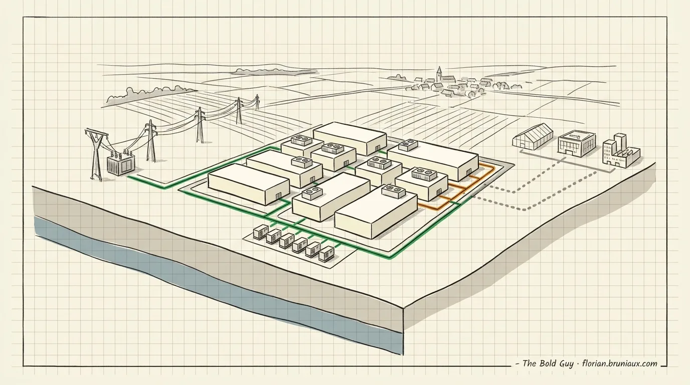 Cutaway illustration of Campus IA in Fouju, connected to the power grid, with dry cooling, backup generators, possible heat users, and an aquifer.