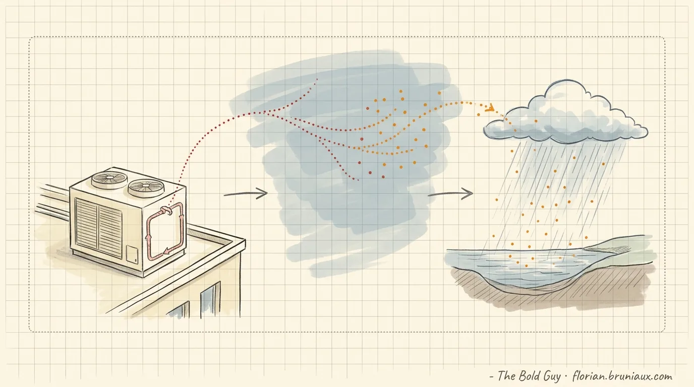 Campus IA R-1234ze pathway: closed refrigerant circuit, hypothetical leak, possible TFA formation, and deposition in rain.