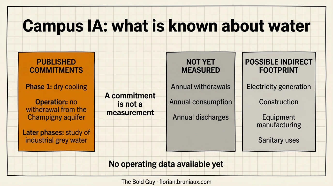 Three-column infographic separating published water commitments, annual withdrawals, consumption, and discharges that have not yet been measured, and possible sources of indirect water footprint.
