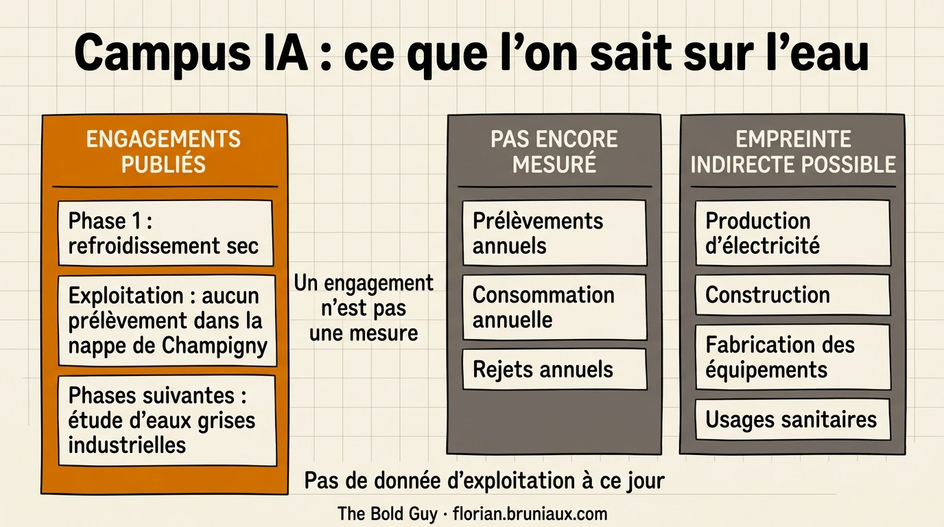 Infographie en trois colonnes séparant les engagements publiés sur l'eau, les prélèvements, consommations et rejets annuels qui ne sont pas encore mesurés, et les sources possibles d'empreinte hydrique indirecte.