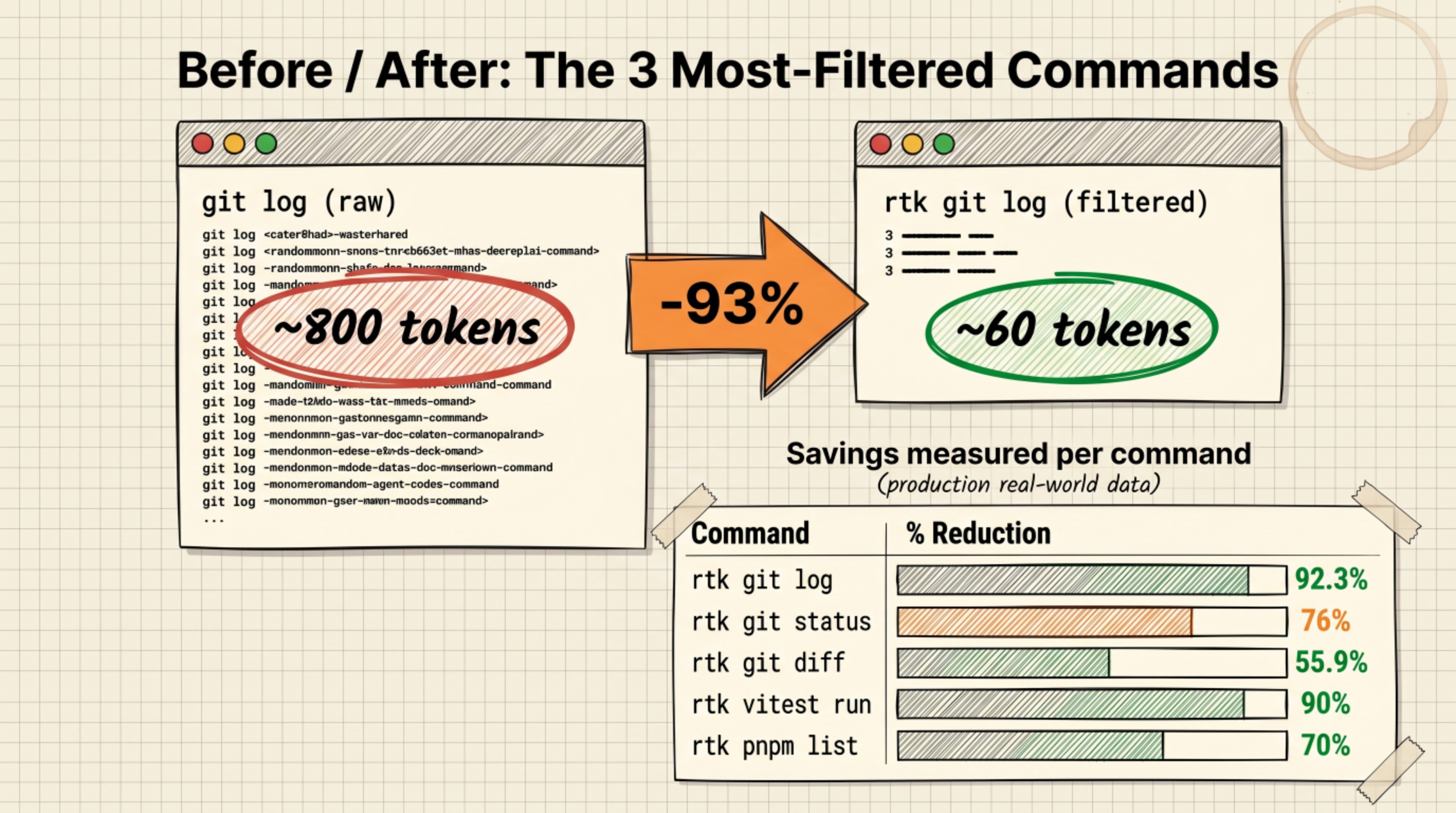 RTK before/after on the three most-filtered commands: git log raw output ~800 tokens vs rtk git log ~60 tokens (-93%), with a per-command savings table showing rtk git log 92.3%, rtk vitest run 90%, rtk pnpm list 70%, rtk git status 76%, rtk git diff 55.9%.