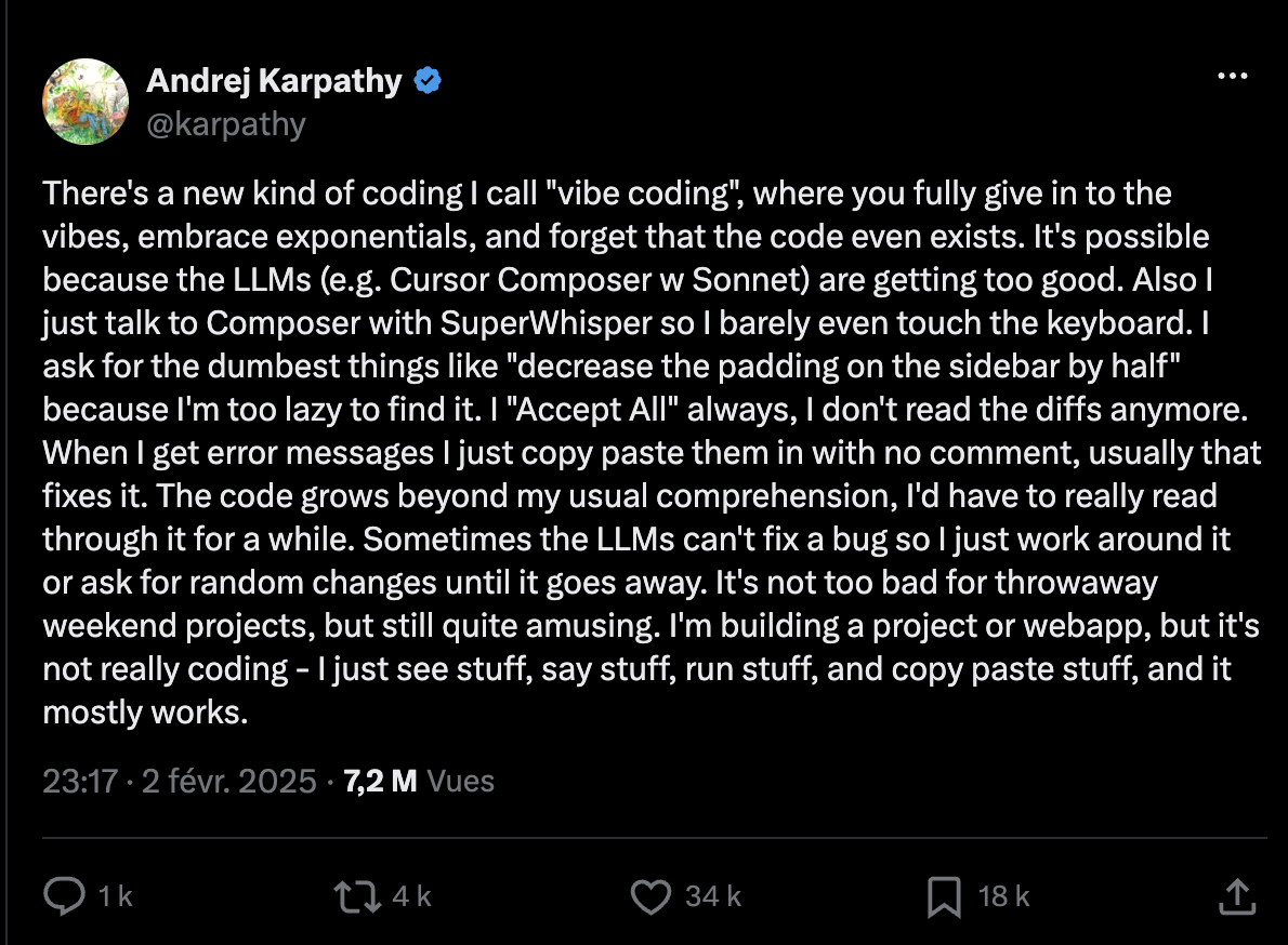 Andrej Karpathy's original tweet coining 'vibe coding' on February 2, 2025