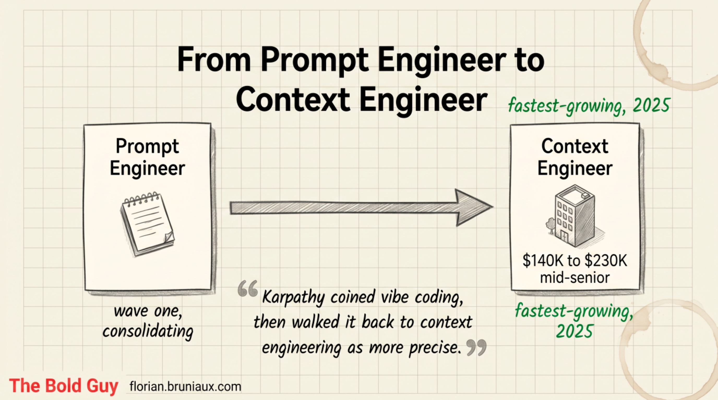 Prompt engineer, the first wave, consolidating into context engineer, the fastest-growing specialization of 2025