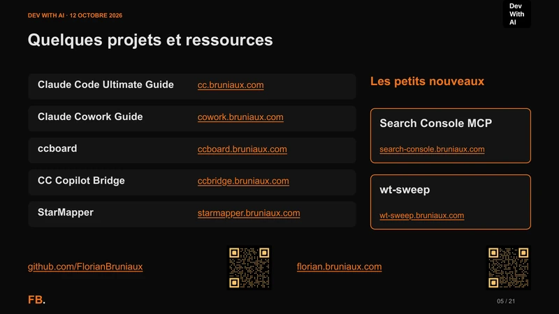 Guides Claude Code et Cowork, ccboard, CC Copilot Bridge, StarMapper, Search Console MCP et wt-sweep, avec leurs liens.