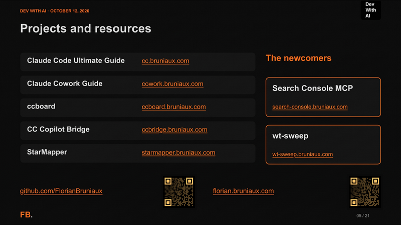 Claude Code and Cowork guides, ccboard, CC Copilot Bridge, StarMapper, Search Console MCP and wt-sweep, with their links.