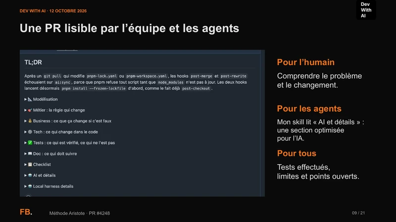 Exemple de PR Aristote numéro 4248 : résumé pour l’équipe, section AI et détails pour les agents, tests effectués et limites.