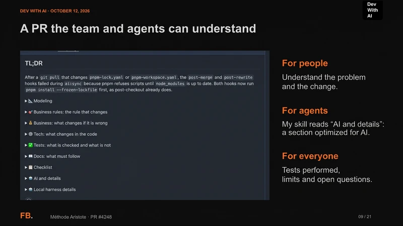 Aristote PR 4248: a translated summary for the team, an AI and details section for agents, tests performed and limits.