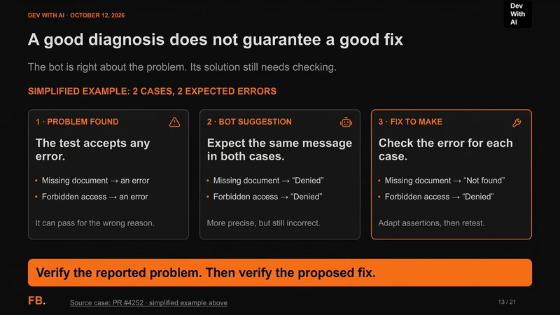 Two simplified cases, a missing document and forbidden access: a vague assertion, an overly general suggestion, then a distinct expected error for each case.