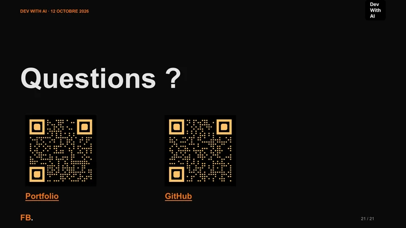 Questions et ressources, avec deux QR codes vers le portfolio de Florian Bruniaux et son GitHub.