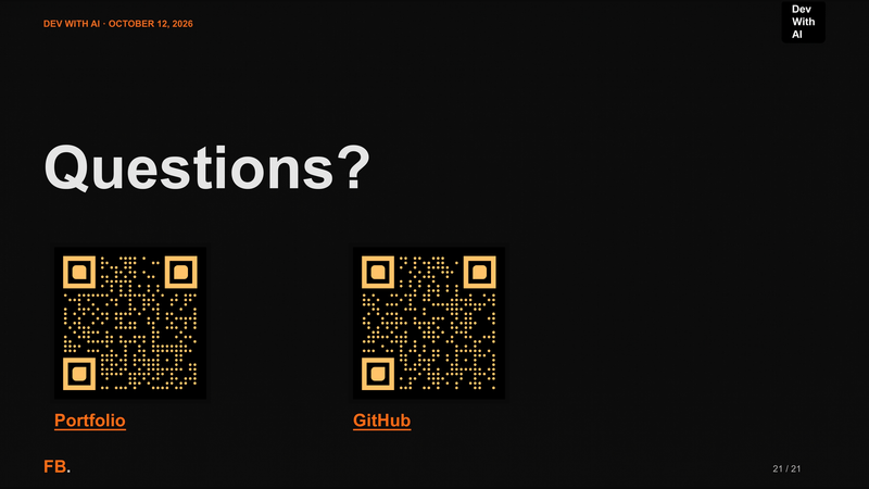 Questions and resources, with two QR codes linking to Florian Bruniaux’s portfolio and GitHub.