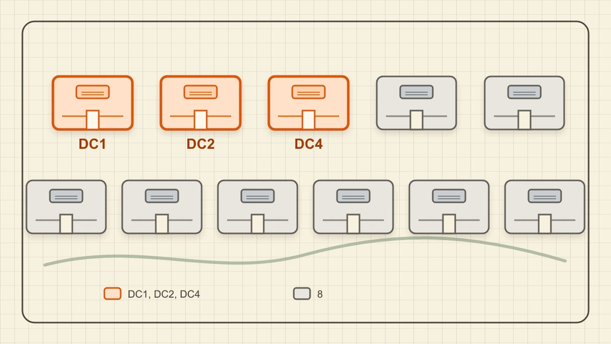 Eleven planned buildings: DC1, DC2 and DC4 in orange, eight others in grey.