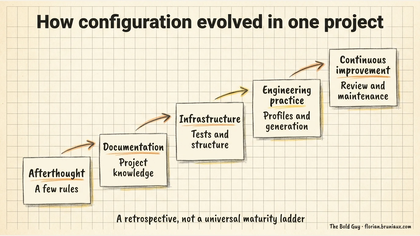 Five stages in one project: a few rules, project knowledge, tests and structure, profiles and generation, then review and maintenance.