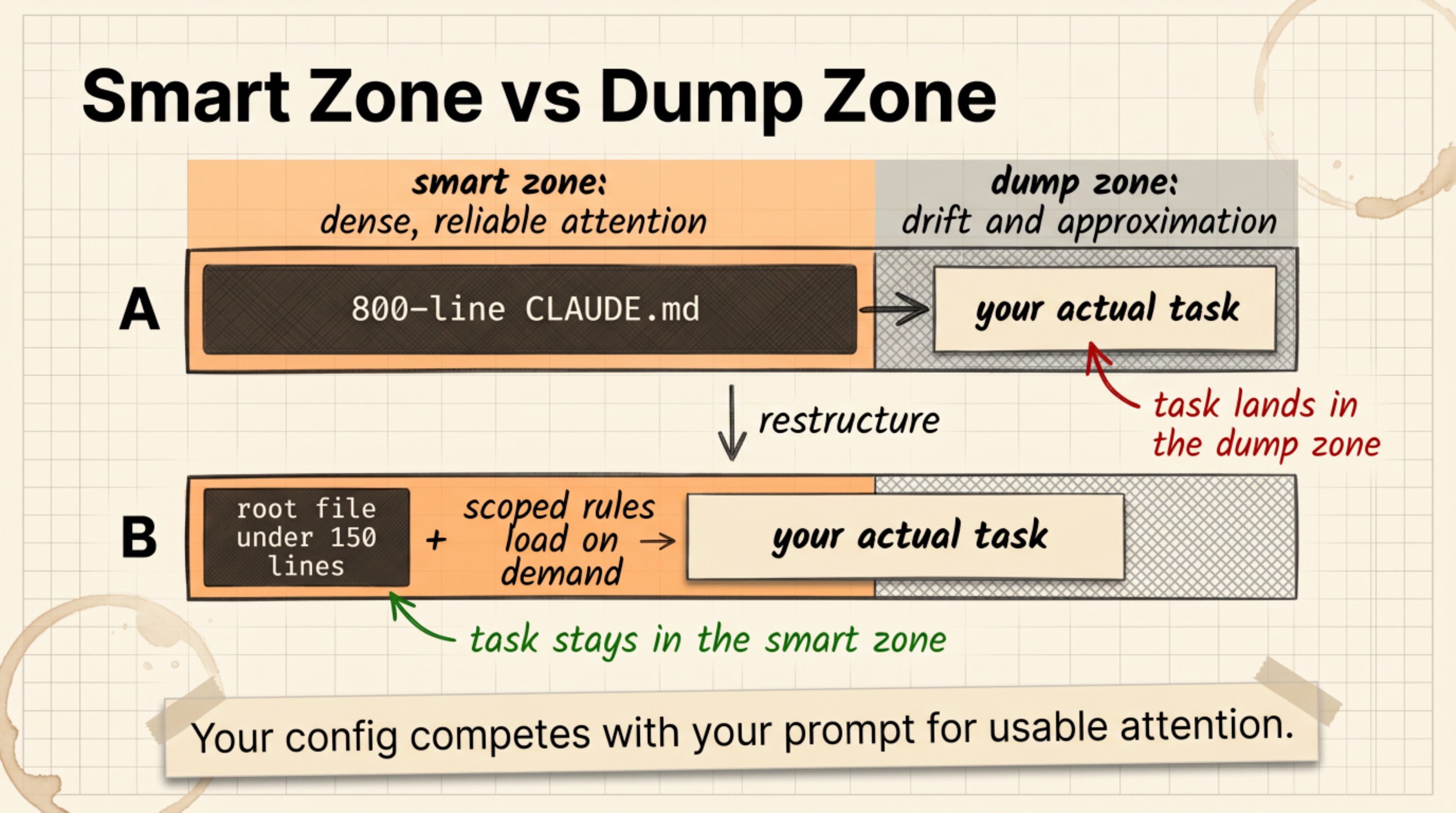 Two context-window diagrams: an 800-line CLAUDE.md filling the smart zone and pushing the task into the dump zone, versus a root file under 150 lines with scoped rules keeping the task in the smart zone
