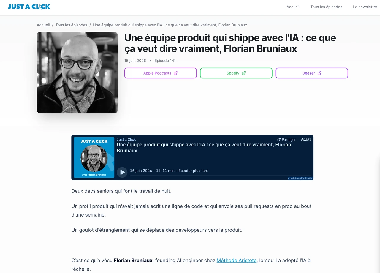 Just a Click podcast episode 141 with Florian Bruniaux on a product team shipping with AI