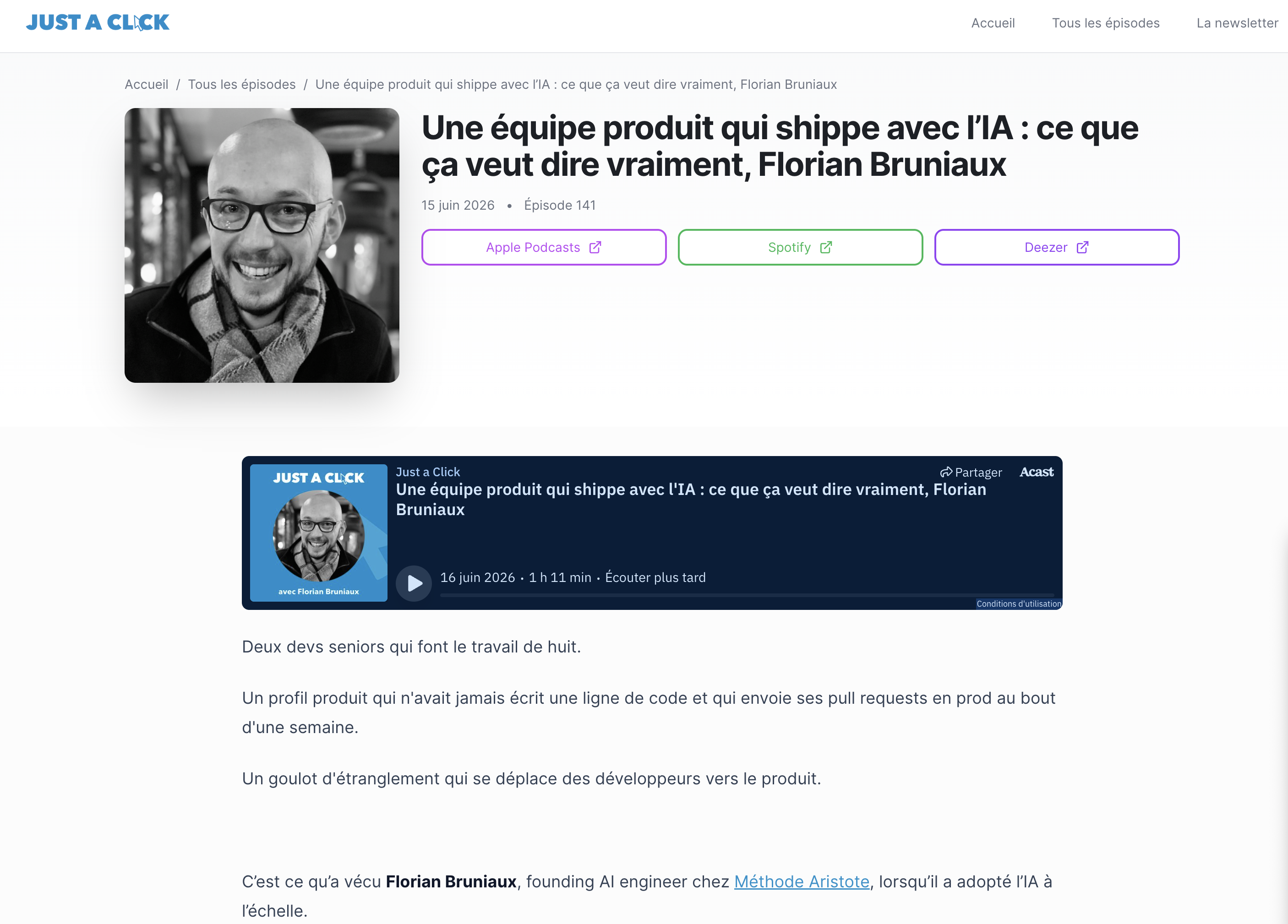 Just a Click podcast episode 141 with Florian Bruniaux on a product team shipping with AI