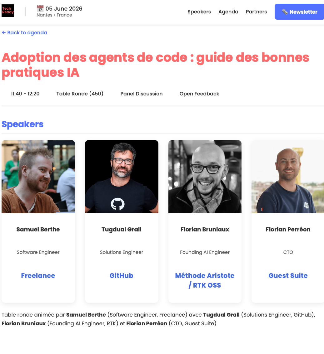 Tech Ready Nantes roundtable on adopting code agents, with Florian Bruniaux and panelists