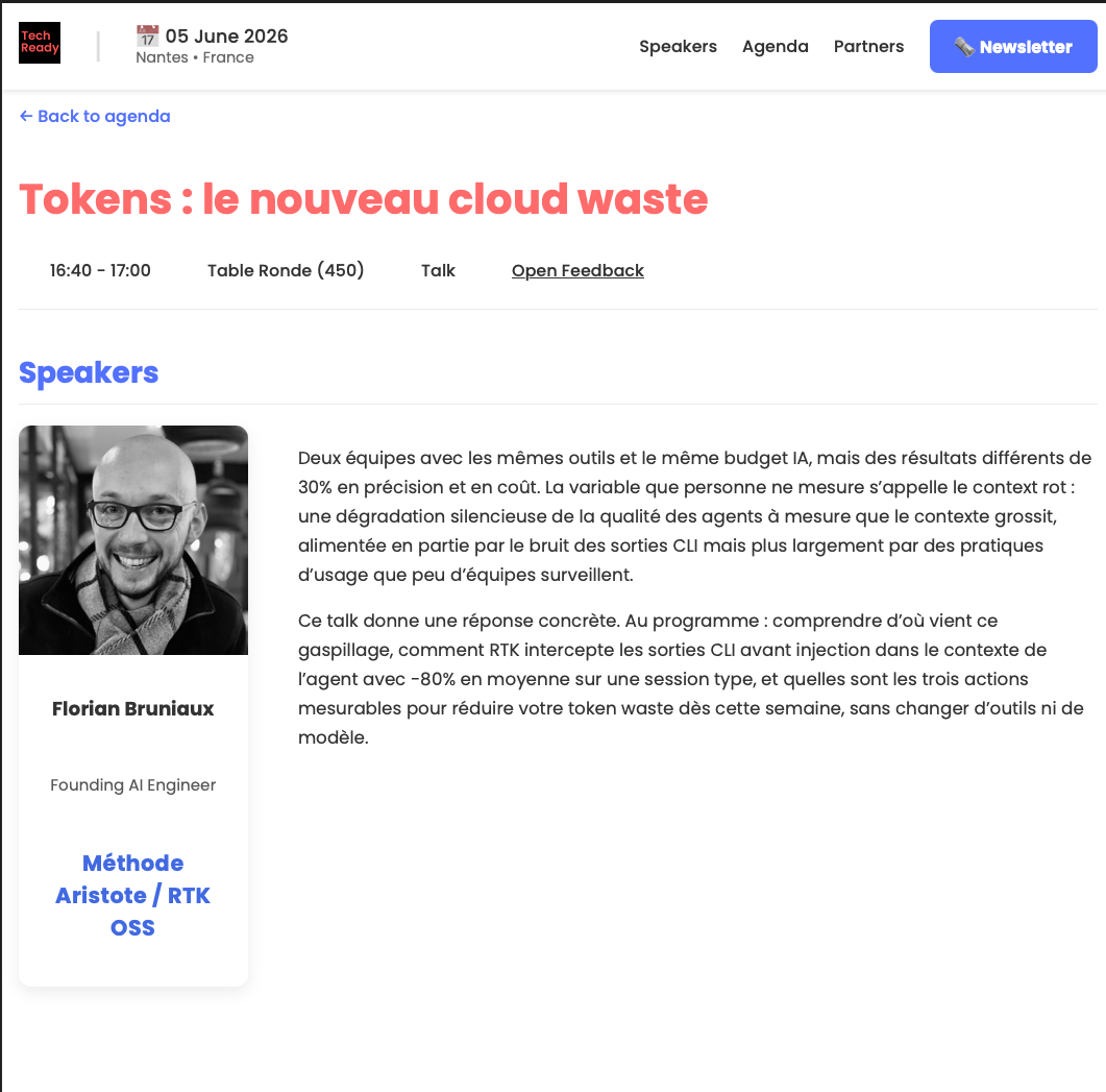 Florian Bruniaux at Tech Ready Nantes, talk Tokens the new cloud waste